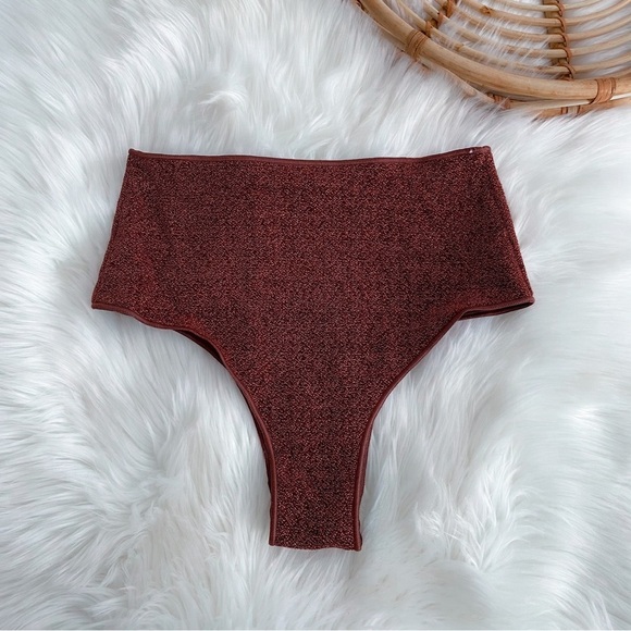 Oseree Lumiere High Waisted Rise Bikini Bottoms Glitter Maroon Burgundy Red - Picture 2 of 7